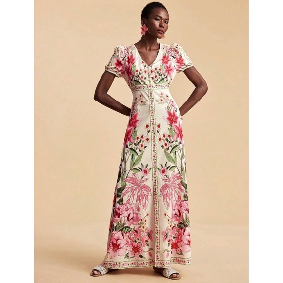 Dresses & Skirts - Pink Tropical Floral V-Neck Button Front Maxi Dress Size Large Cream
